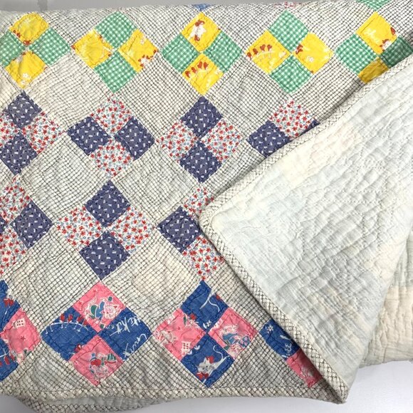 VTG/Antique Handmade Patchwork Quilt Kittens Gingham Checkerboard Blanket Cotton - Picture 3 of 6